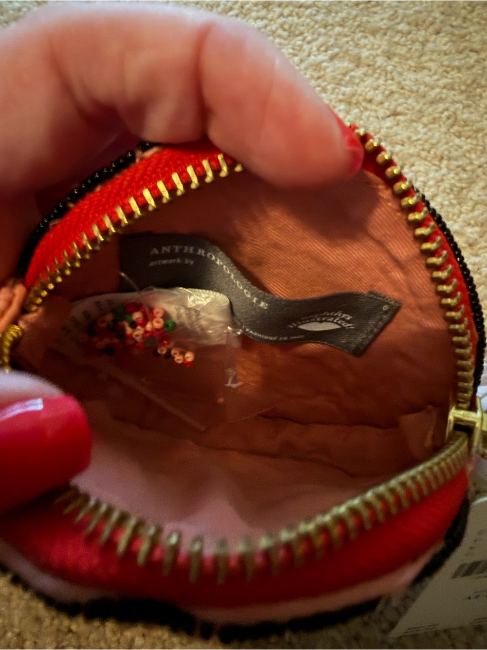 Anthropologie Pink Beaded Holiday Coin Pouch - Picture 3 of 3
